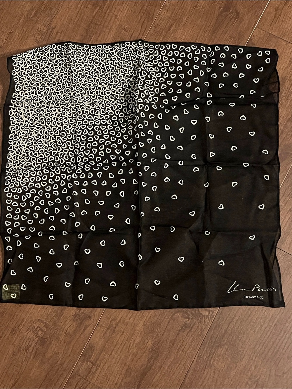 Tiffany & Co. Black Silk Scarf with White Heart Motif